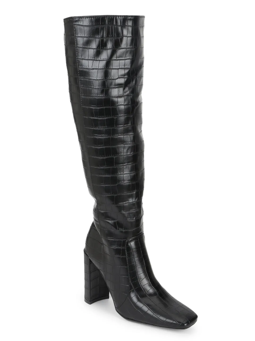 Black Croc PU Knee High Boots