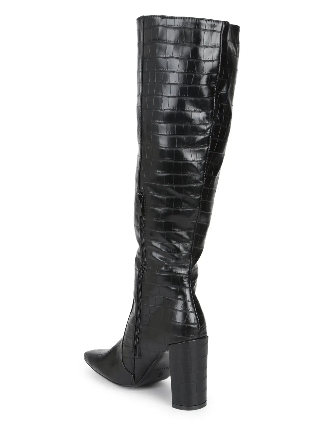 Black Croc PU Knee High Boots