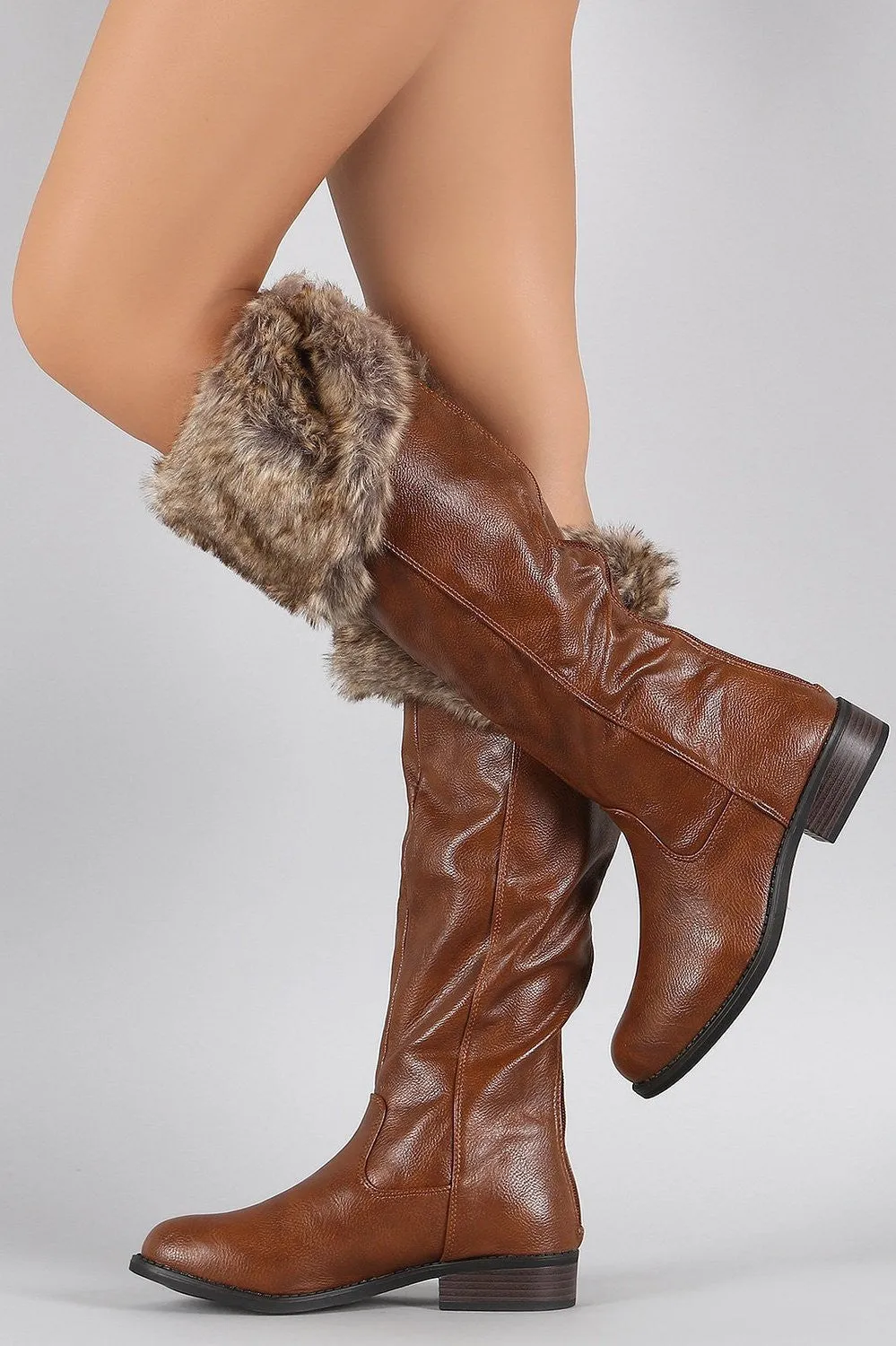 Brown Faux Fur Cuff Round Toe Riding Knee High Vegan Boots