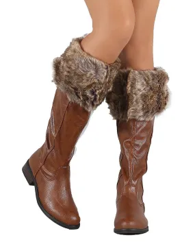 Brown Faux Fur Cuff Round Toe Riding Knee High Vegan Boots