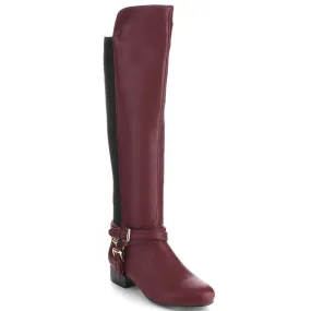 Burgundy Equestrian Criss Cross Two-tone Ankle Strap Side Zip Knee High Vegan Pirate Boots