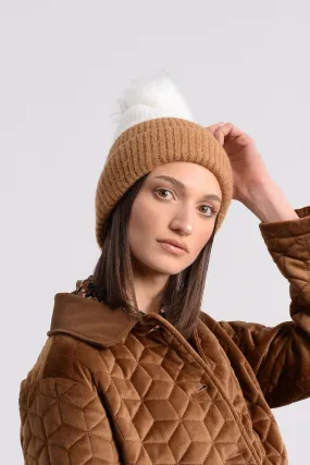 Cream & Camel Color block Pom Pom Hat