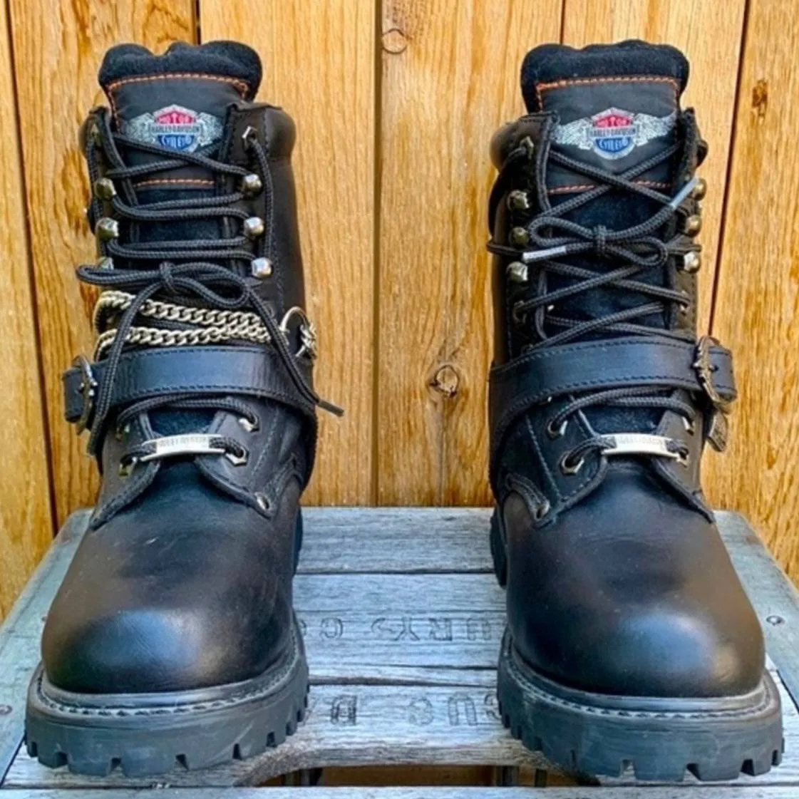 HARLEY-DAVIDSON Vintage Lace Up Chunky Lug Sole Black Combat Biker Moto Boots