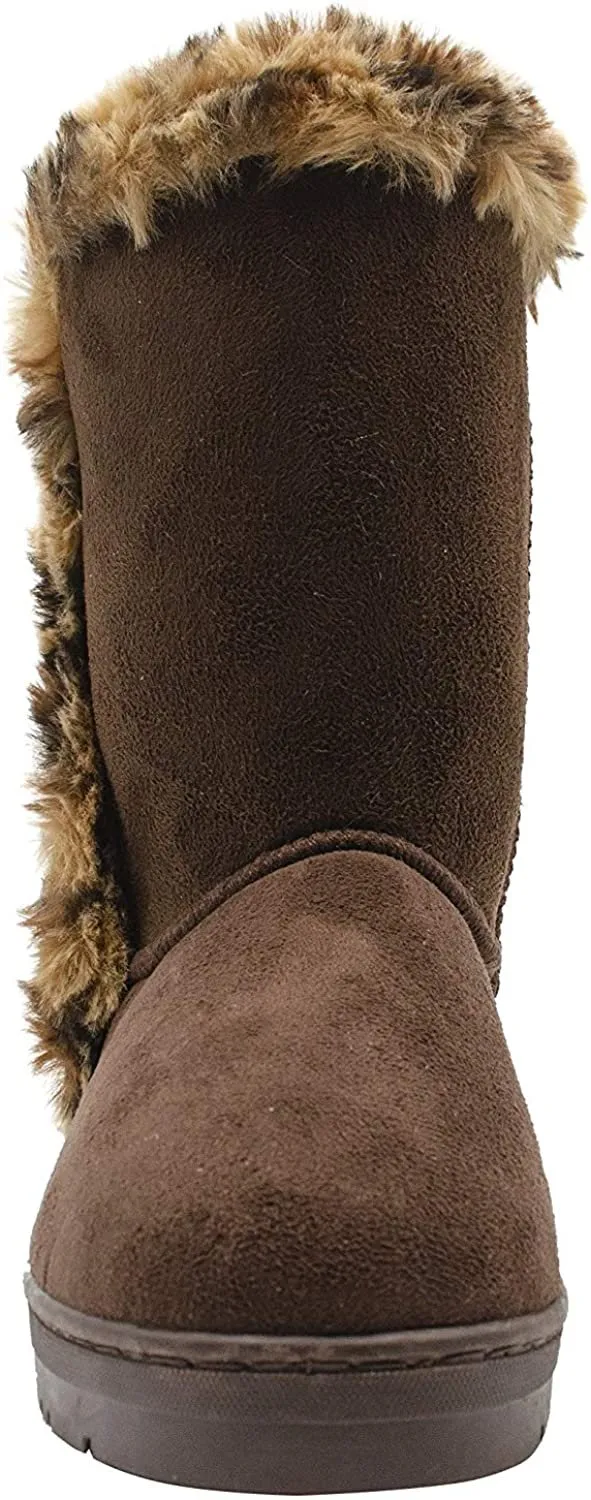 kensie Womens Slip On Mid High 9" Microsuede Winter Boots with Leopard Faux Fur Trims